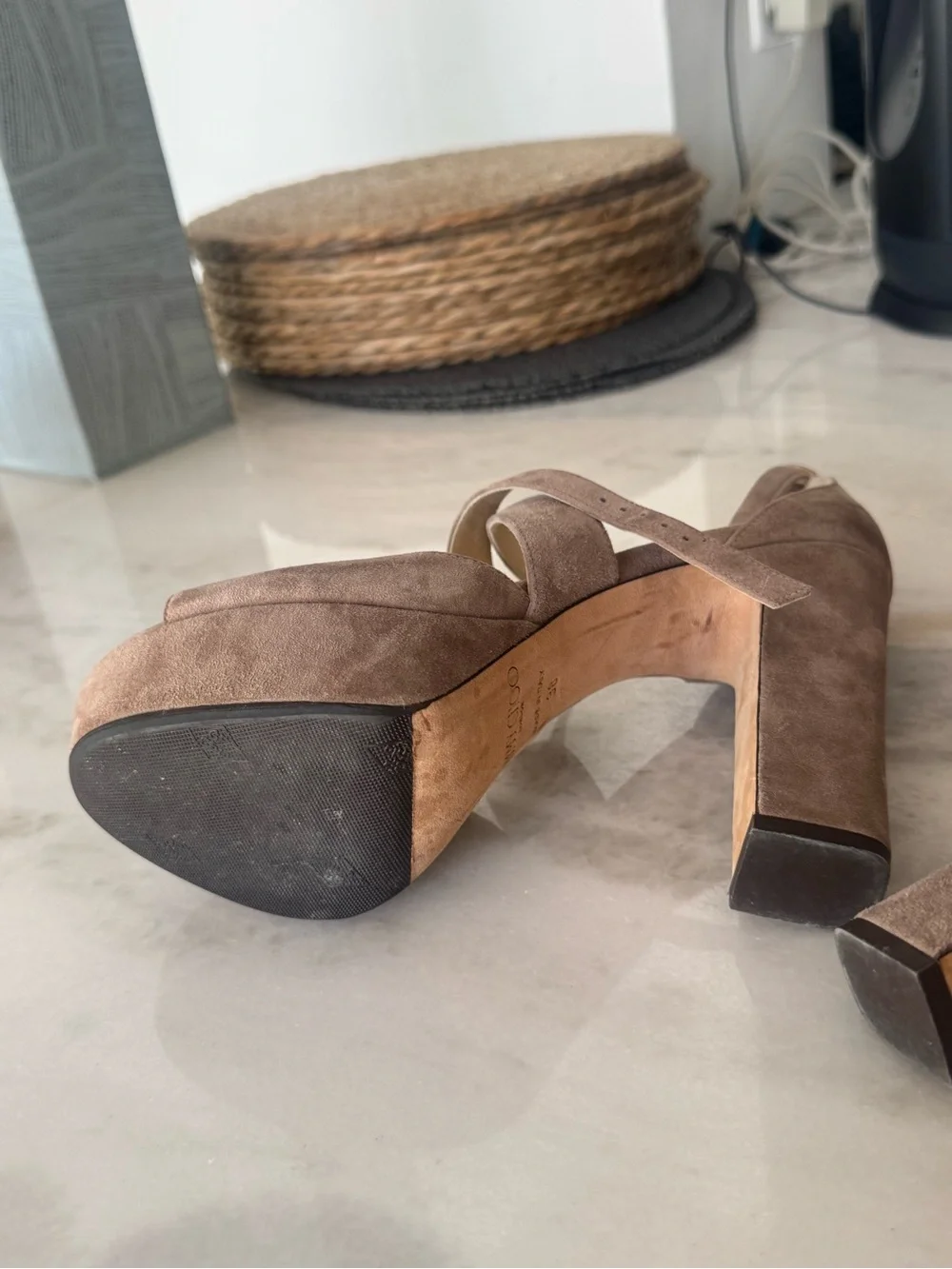 Jimmy Choo Taupe Suede Crisscross Platform Sandals size 38 -good condition